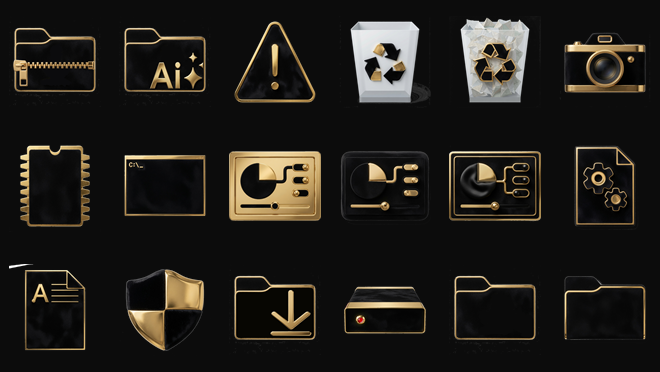 Sample of the Black-Suede-Gold icon set: folders, drives, and system icons in black suede and gold