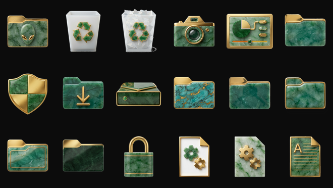 Sample of the Jade-Gold icon set: folders, drives, and system icons in jade and gold